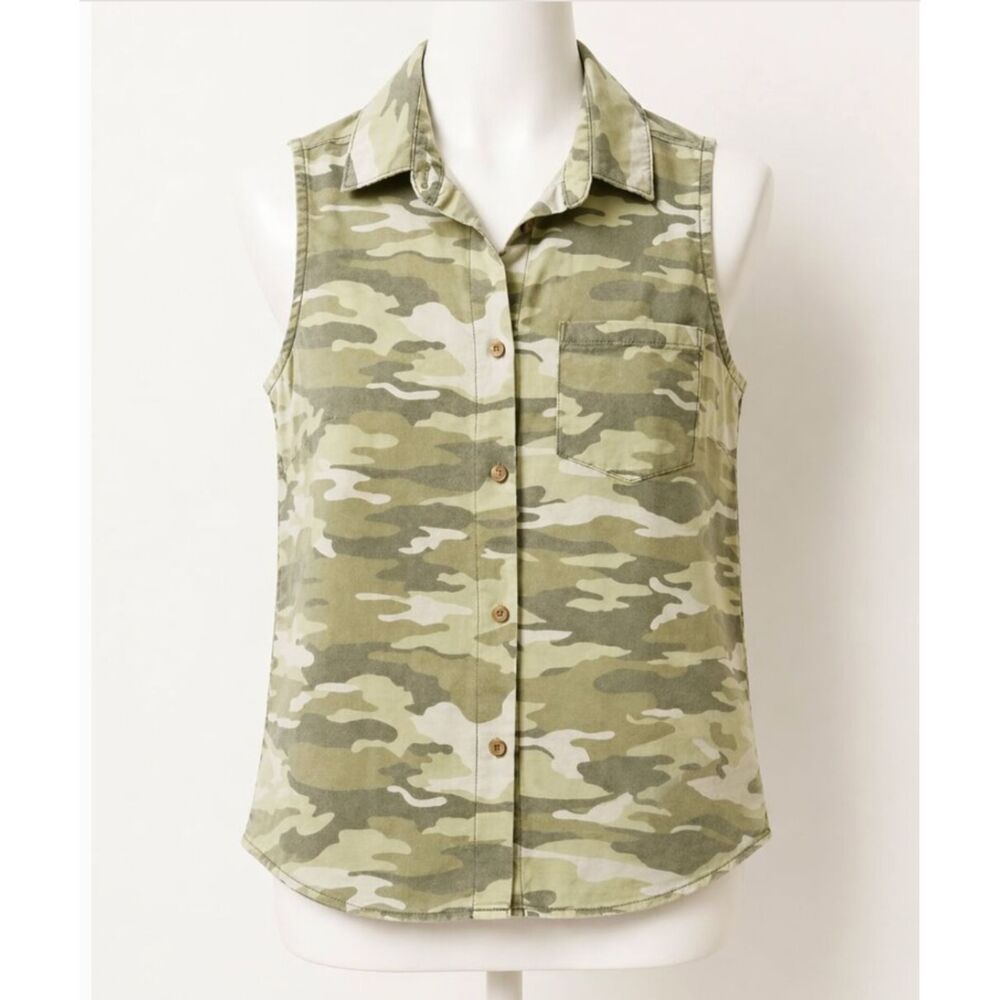 Bella Dahl Camo Sleeveless Button-Front Top Collared Green White XS Tencel